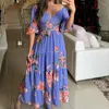 Casual Dresses Spring Sexig V-ringning 3/4 Sleeve Long Dress Women Elegant Floral Print Bohe Party Fall Fashion Hight Midje Pleated Maxi
