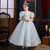 2024 Nya puffiga flickaklänningar 3D Flower Pearls Beaded Necklace Long Cap Sleeve Kids Teens Pageant Gowns Birthday Party Dress for Wedding Crystals Cooktail Gown Gown