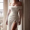 Elegante glitter squined sereia vestido de casamento sexy fenda lateral mangas compridas rendas até vestido de noiva até o chão vestido de novia novo