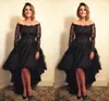 Sexy Black Hi Low Prom Cocktail Vestidos 2024 com mangas Aline Scoop Neck Ruffled Lace Applique Shrot Front Long Back Homecoming Dama de honra Vestidos formais