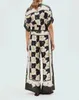 Australian designer Black and white silk floral print lapel short sleeved shirt and pants two-piece set