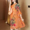 Vestidos casuais estilo chinês melhorado cheongsam impressão festa vestido mulheres retro stand-up colarinho chique sino mangas soltas miyake plissado