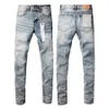 Denim Mens Tear régulier Mid Zipper Fly Hole Light Denim Europe et Américain Purple Jeans Designer Pantalon Men Jean O