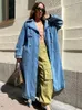 Rr2418 xlong denim trench coats para mulheres cinto na cintura magro jean senhoras jaqueta feminina jaqueta azul mulher 240117