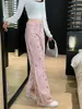 Pantaloni da donna a vita alta stampa di cartoni animati casual rosa street sweet style giovane ragazza carina pantaloni larghi dritti a gamba larga