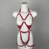 Sexy roupa interior feminina arnês de couro ligas de corpo inteiro vermelho ajustável bondage lingerie suspensórios gótico bdsm festa roupas 240117