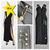 Casual Dresses June Lips 2024 Women Black V Neck Split Maxi Bandage Dress with Pins Sexig klubb Celebrity Party 24 Hours Delivery