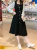 Qweek 한국 스타일의 검은 드레스 여성 빈티지 스퀘어 칼라 긴 소매 미디 드레스 KPOP 패션 가을 로브 여성 240117