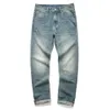 Longteng Fushen Jeans heren trendy merk gepersonaliseerde Big M Splicing Koreaanse lichtblauwe dunne slim fit broek met rechte pijpen