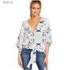 Chemisiers pour femmes Chemises en gros de mode femmes imprimé léopard floral chemises d'été élégant col en v profond femme chemisier manches sexy dame à lacets chemise hauts YQ240118