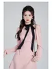 Casual Dresses Miiiix Pink Hanging Neck Off Shoulder Long Sleeved Dress For Women's Autumn 2024 High End Style Waist Fold A-line