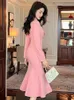 Frauen Elegante Stil Professionelle Kleid Promi Süße Rosa Zweireiher Rüschen Lange Robe Party Business Vestidos Mujer 240117