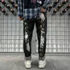 Longeng fushen jeans herrmodemärke personlig stor m broderad tryck avslappnad smal passform rak fat mesh röda långa byxor