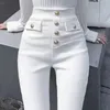 Slim Women Chudy Ołówek dżinsy Button Duży rozmiar S-3xl Mom Denim Spodnie Moda Vintage Stretch Spodnie Czarne swobodne legginsy 240117