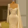 Chic Ivory Satin Mermaid Wedding Dresses Pearls Sequins Beaded Long Sleeve Shoulder Wrap Bridal Gowns Trumpet Court Train Vintage Aso Ebi Robes de Mariee CL3212