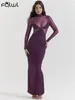 Sukienki swobodne Habbris Purple Sexy Mesh Long Dress Club Club For Women 2024 Spring Sleeve Sheer Maxi Backless Bodycon