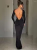 カジュアルドレスMozision Backless Ruched Bodycon Maxi Dress for Women Fashion O Neck Lengeve Club Party Sex