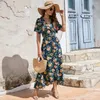 Vestidos de festa Canwedance Ruffled Wrap Dress V Collar Manga Curta Algodão Maxi Floral Impresso Boho Lace-up Beach Summer Vestidos