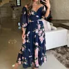 Casual Dresses Spring Sexig V-ringning 3/4 Sleeve Long Dress Women Elegant Floral Print Bohe Party Fall Fashion Hight Midje Pleated Maxi