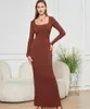 Casual Dresses Women's Long Sleeve Square Neck Bodycon Maxi Dress Dubbelskikt Formande kläder Slim skinkor Tätt midjekorsett kjol