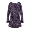 Robes décontractées Sexy brillant violet paillettes à manches longues froncé dos nu mini robe plis taille mince paquet hanches robe de soirée