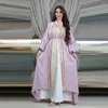 Vestidos casuais feminino eid abaya 2 peça conjunto para mulheres manga lanterna ramadan lantejoulas jalabiya vestido muçulmano maxi robe caftan vestidos de festa