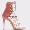 Sapatos de vestido Rosa Veludo Cruz Strappy Sandálias Clear PVC Strap Peep Toe Tornozelo Envoltório Lace Up Hollow Gaiola Gladiador Saltos Mulheres