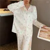 Damen-Nachtwäsche 2024 Frühlings-Sommer-Pyjama-Set aus reiner Baumwolle, doppellagige Gaze, langärmlig, zweiteilig, Cartoon-Stil, süß, Homesuits