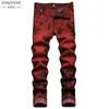 Marque Hommes Jeans Haute Qualité Slim Tie Dye Lavage De Neige Brique Rouge Denim Pantalon Droit Vintage Streetwear Mode Pantalon Occasionnel 240117