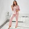 Primavera outono feminino pijamas conjunto sexy rosa renda guarnição sleepwear manga longa calças pijamas terno solto casual cetim casa wear 240118