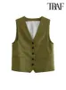 TRAF femmes mode avant bouton lin mélange gilet Vintage col en V sans manches vêtements de dessus pour femmes Chic gilet hauts 240117