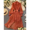 Basic & Casual Dresses Spring And Summer French Vintage Maxi Dress Sundress Ladies Long Sleeve Orange Polka Dot Chiffon Pleated Dress Dhkpu