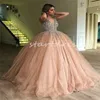 Strass Kristal Goud Quinceanera Jurken 2024 Vestidos De 15 Anos Elegante Lange Mouwen Sexy V-hals Baljurk Tule Sweet 16 Jurk vestidos De Xv Debutante Jurk