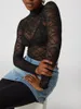 Kvinnors T -skjortor Kvinnor Mesh långärmad skiktning Topp Y2K Floral Lace Mock Neck Shirt Embrodery Sheer See Through Tee Blue