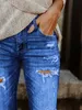 Синие рваные джинсы скинни, потертые облегающие джинсы с прорезными карманами, джинсовые брюки с необработанным краем, женские джинсовые джинсы, одежда 240117