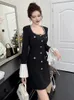 Robes décontractées Exquis luxe robe courte femmes français noir blanc contraste diamants simples plis mini robe femme fête bal