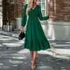 Sukienki swobodne vestidos lady elegancka boho jesienna sukienka imprezowa solidna puff rękawy w szpic w dekolcie wysokim składanie splicing długie mody damskie ubranie