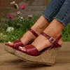 Sandalias Tacón alto Hebilla de cuña Zapatos de mujer 2024 Verano Moda de lujo Cómodo Cuero Paja Grueso Fondo Peep Toe