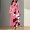 Casual Dresses Winter A-Line Dress Geometric Print Maxi med högt midjebälte Löst Hem Women's Long Sleeve Formal Commute