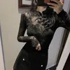 Girls Transparent Lace Blouses Shirts Tees Female Chinese Style Turtleneck Vintage Full Sleeve Black Blouses Tops For Women 240117