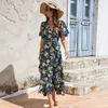 Vestidos de festa Canwedance Ruffled Wrap Dress V Collar Manga Curta Algodão Maxi Floral Impresso Boho Lace-up Beach Summer Vestidos