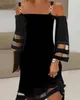 Casual Dresses Women's Dress Contrast Mesh Cold Shoulder 2024 Early Spring Latest Sheer Sexy And Comfortable Daily Mini