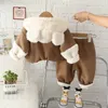 Koreli Çocuk Boy Kış 2 PCS Giysileri Set Karikatür Ayı Pamuk Polar Hoodies Patchwork Pant Pantolon Bebek Erkek Bebek Erkekler Set 240117