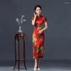 Etniska kläder 2024 Vintage Long Cheongsam Women Sexig Slim Split Qipao Classic Chinese Traditional Dress Print Flower Evening Party Party