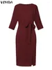 Casual Kleider Vonda Frauen Elegante Party Kleid 2024 3/4 Ärmel Einfarbig Mid-Kalb Sundres Frühling Vestidos Lose Robe Femme baggy