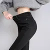 Zoenova mulheres grossas veludo jeans velo quente coreano moda cintura alta magro calças elásticas jean casual legging inverno 240117