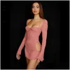 Vestidos casuais básicos vestidos casuais boozrey y chiffon oco malha mini vestido para mulheres baixo corte halter sólido manga longa rosa menina c dhmuf