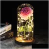 Coronas de flores decorativas que vienen 9 Color Base marrón con rosa en una cúpula de vidrio Regalo del día de San Valentín Madres Entrega de entrega a casa Gard Dhksq