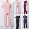 Women's Two Piece Pants 1 Set Nurses Work Uniform V-neck Anti-wrinkle Sweat Absorption Working Wear Summer Pet Dental Suit Beauty Salon