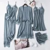 Beyaz ipek pijama set kadınlar 5pcs gelin düğün robe gecelik seksi dantel kimonya pijama kümesi kimono bornoz elbisesi iç çamaşırı 240118